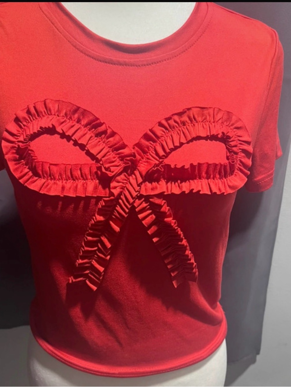 SHEIN Red Short Sleeve Top with Ruffle Bow Detail